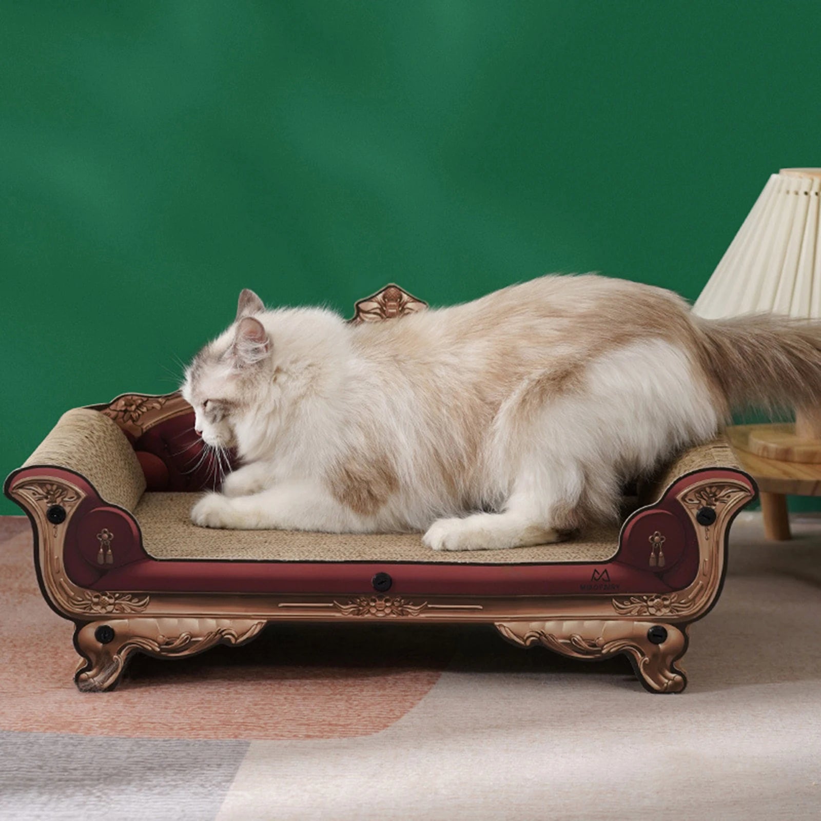 Stylish large cardboard cat scratcher sofa bed in a modern design. Multi-functional lounge offers comfort and scratching surface for cats. Natural beige color complements home 3