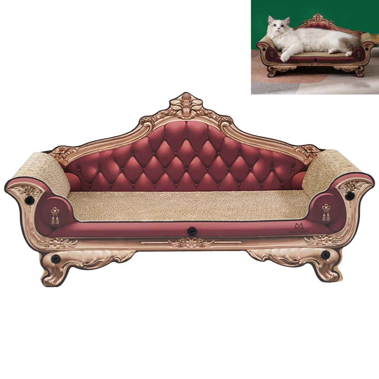 Large cardboard cat scratcher sofa bed in a stylish design, featuring a cozy lounge area for cats. Made from durable, eco-friendly cardboard with a natural 5