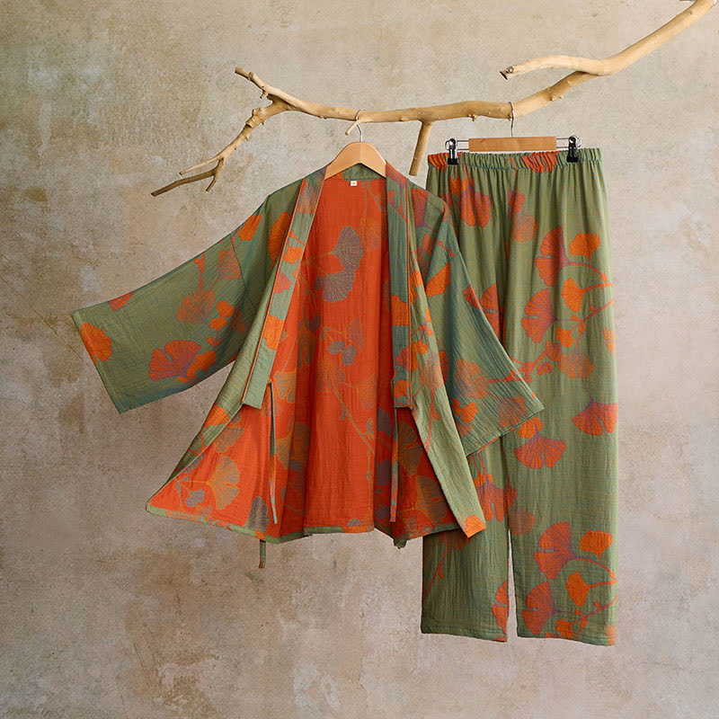 Large Ginkgo Leaf Cotton Loungewear Set – Women's Kimono Lounge Set for Ultimate Comfort and Relaxation 2