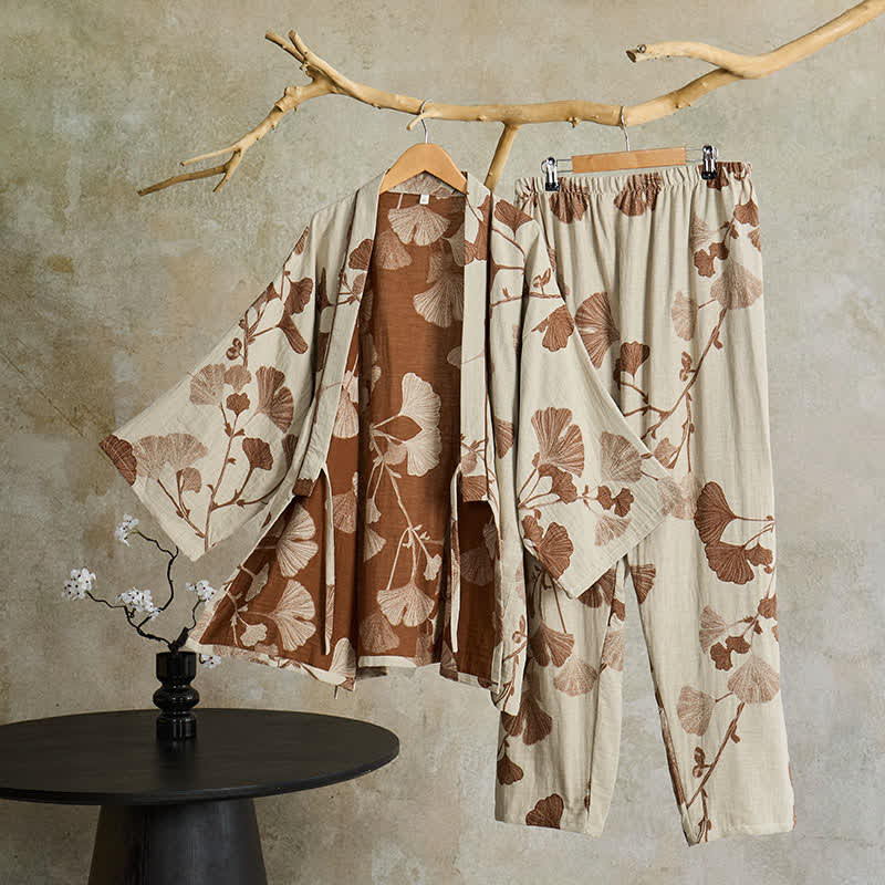 Large Ginkgo Leaf Cotton Loungewear Set – Women's Kimono Lounge Set for Ultimate Comfort and Relaxation 4