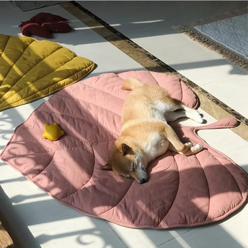 Leaf-shaped dog cooling mat in soft, breathable fabric. Features a washable design, perfect for keeping pets cool on hot days. The mat is in a 0