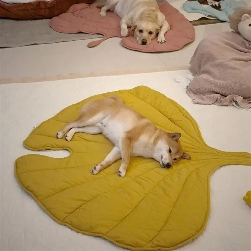 Leaf-shaped dog cooling mat in vibrant green, made from soft, breathable fabric. Features a washable design for easy cleaning, providing comfort and relief for pets 1