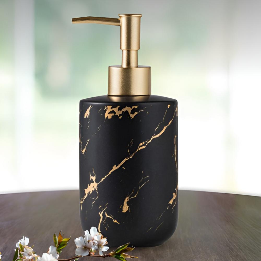 Marble Look Soap Dispenser with Gold Accents – Elegant Ceramic Bathroom and Kitchen Accessory 0