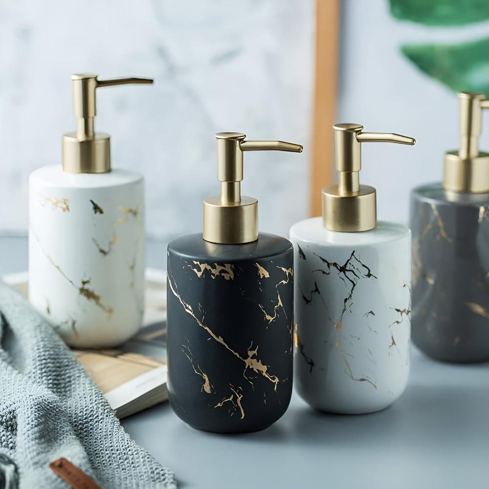 Marble Look Soap Dispenser with Gold Accents – Elegant Ceramic Bathroom and Kitchen Accessory 1