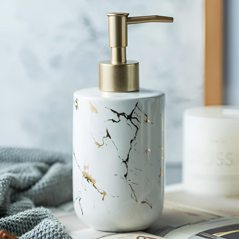 Marble Look Soap Dispenser with Gold Accents – Elegant Ceramic Bathroom and Kitchen Accessory 3