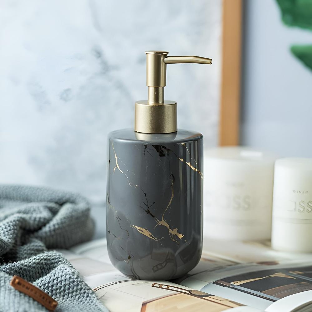 Marble Look Soap Dispenser with Gold Accents – Elegant Ceramic Bathroom and Kitchen Accessory 4