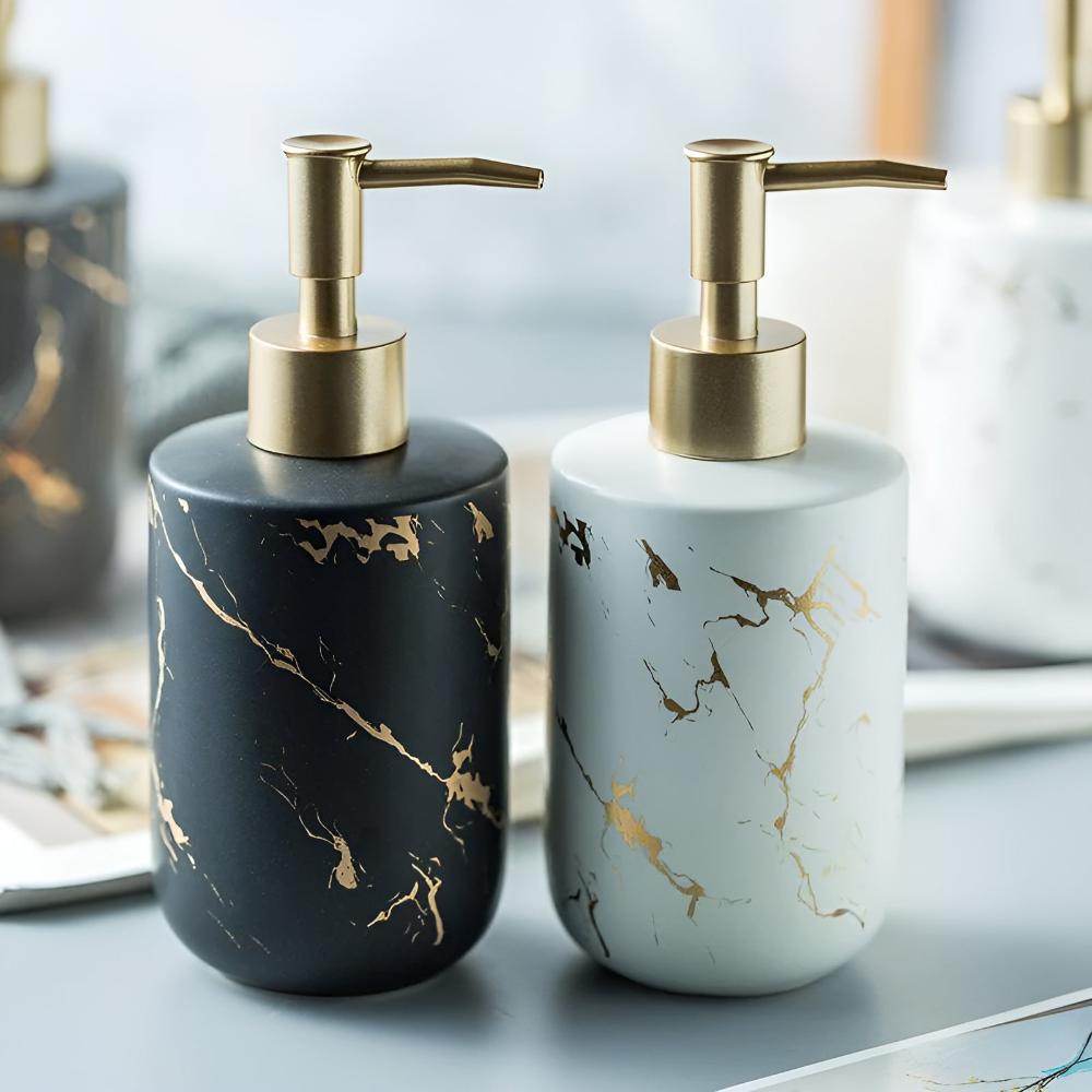 Marble Look Soap Dispenser with Gold Accents – Elegant Ceramic Bathroom and Kitchen Accessory 5