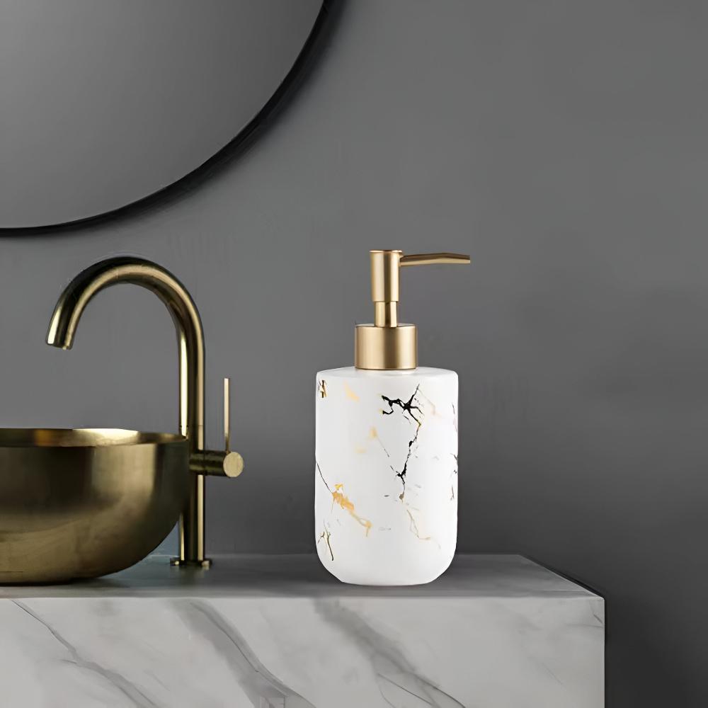 Marble Look Soap Dispenser with Gold Accents – Elegant Ceramic Bathroom and Kitchen Accessory 6