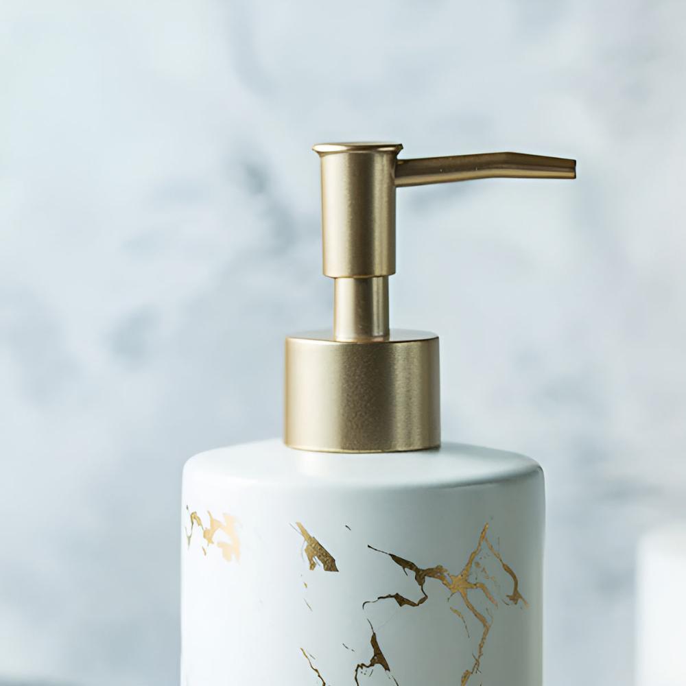 Marble Look Soap Dispenser with Gold Accents – Elegant Ceramic Bathroom and Kitchen Accessory 7