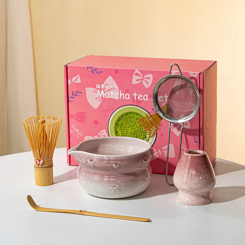 Elegant 7-piece matcha set featuring a beautifully crafted ceramic bowl and whisk, adorned with delicate cherry blossom designs. The set includes a bowl, whisk 14