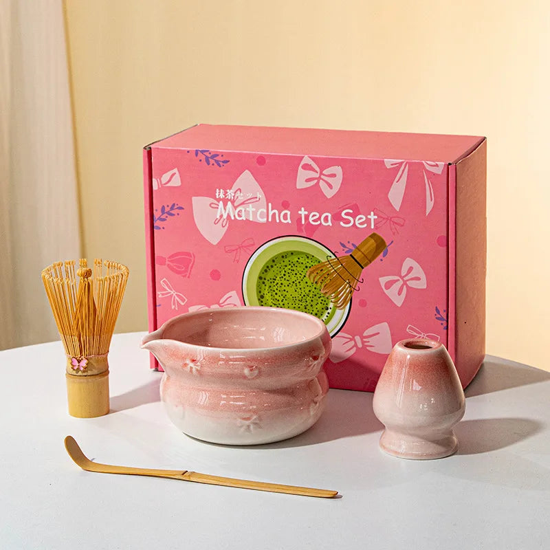 Elegant 7-piece matcha set featuring a beautifully crafted ceramic bowl and whisk, adorned with delicate cherry blossom designs. The set includes a bowl, whisk 15