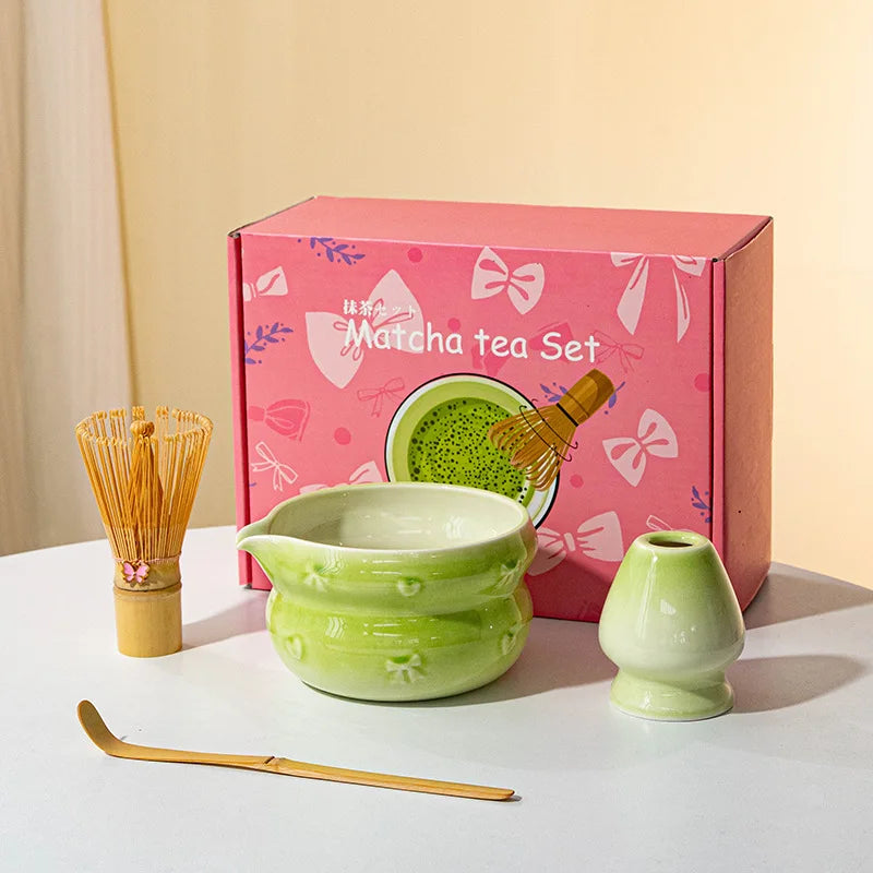 Elegant 7-piece matcha set featuring a beautifully crafted ceramic bowl and whisk, adorned with delicate cherry blossom designs. The set includes a bowl, whisk 18