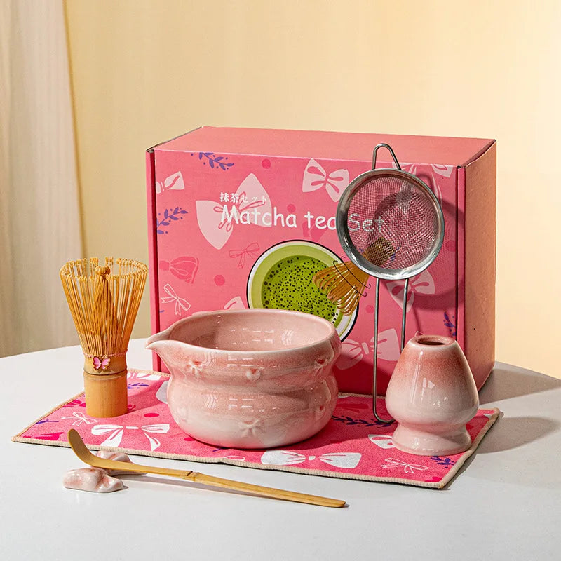 Elegant 7-piece matcha set featuring a beautifully crafted ceramic bowl and whisk, adorned with delicate cherry blossom designs. The set includes a bowl, whisk 19