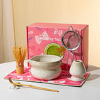 Elegant 7-piece matcha set featuring a beautifully crafted ceramic bowl and whisk, adorned with delicate cherry blossom designs. The set includes a bowl, whisk 9