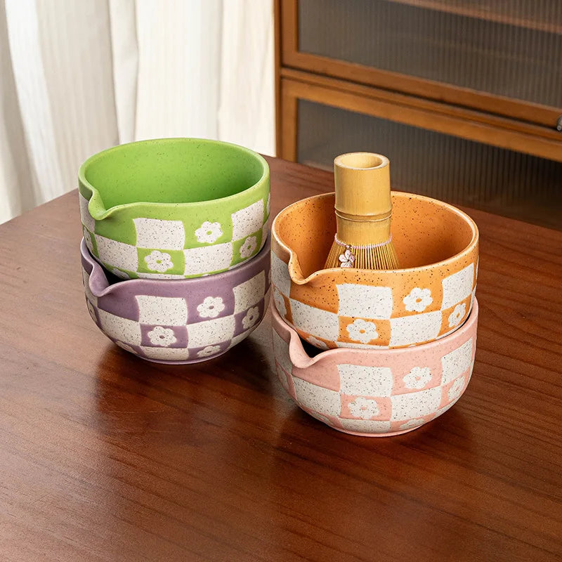 Elegant 8-piece matcha tea set featuring a delicate cherry blossom bowl. Includes a matcha whisk, scoop, and sifter, all crafted from 3