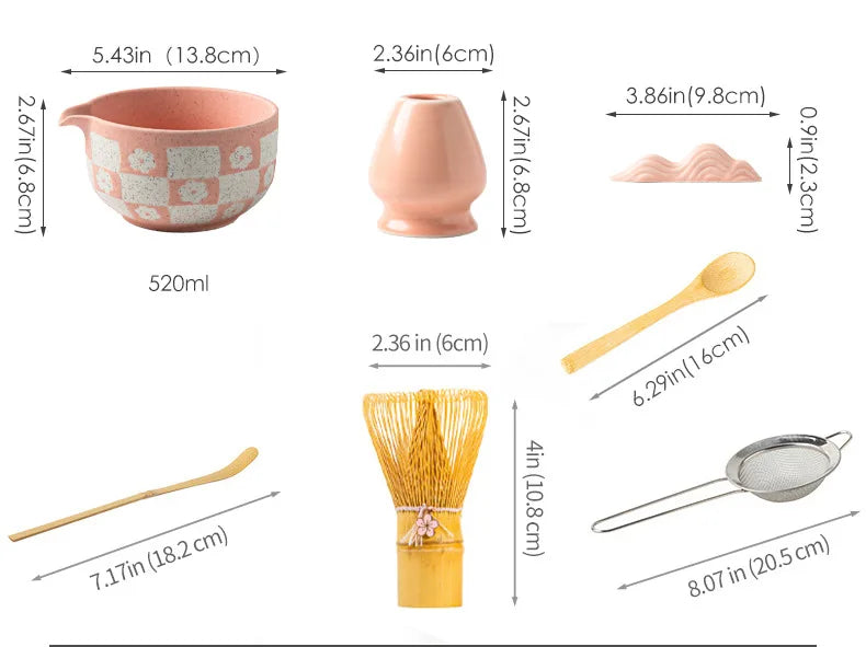 Elegant 8-piece matcha tea set featuring a delicate cherry blossom bowl. Includes a matcha whisk, scoop, and sifter, all crafted from 5