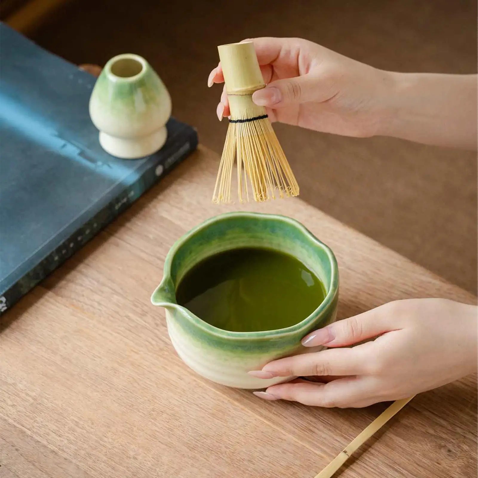 Matcha Whisk Set – Ceramic Bowl with Spout – 5-Piece Japanese Tea Ceremony Kit 2