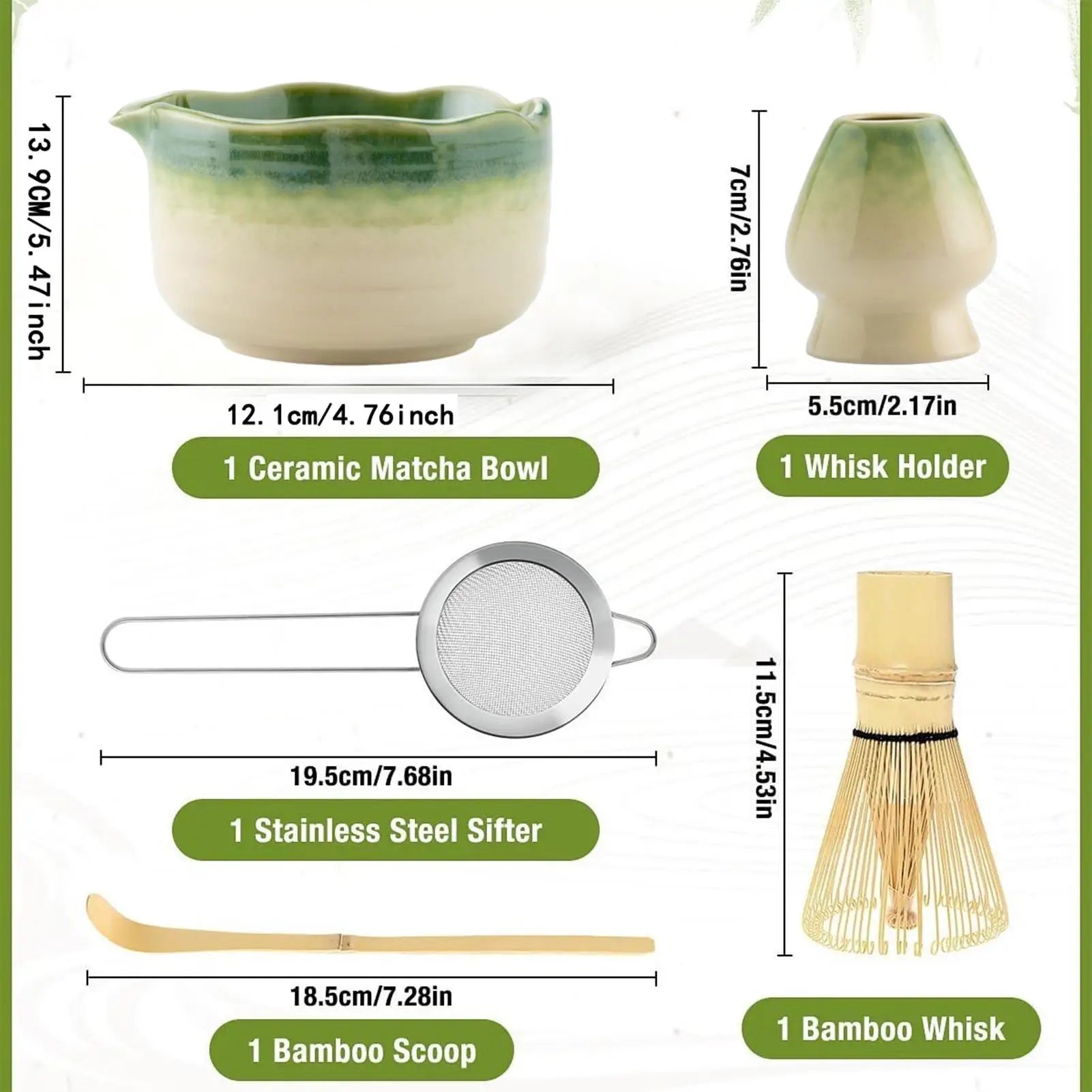 Matcha Whisk Set – Ceramic Bowl with Spout – 5-Piece Japanese Tea Ceremony Kit 5