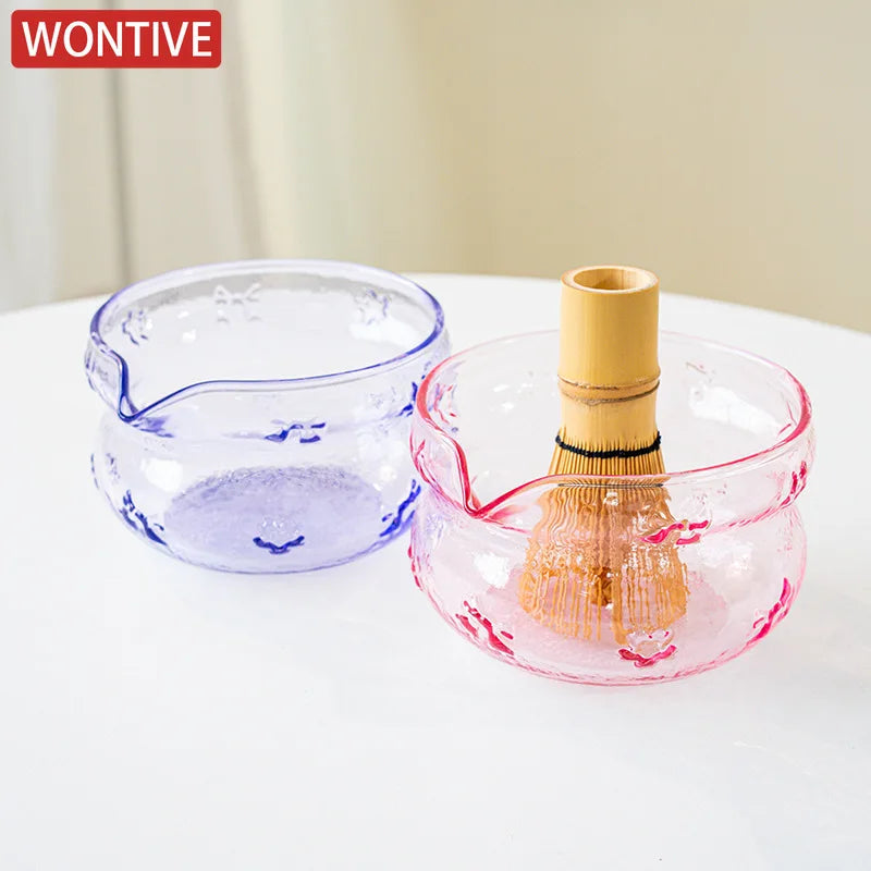Matcha bowl – Heat-resistant glass – Pink and purple design – Ideal for tea ceremonies 0
