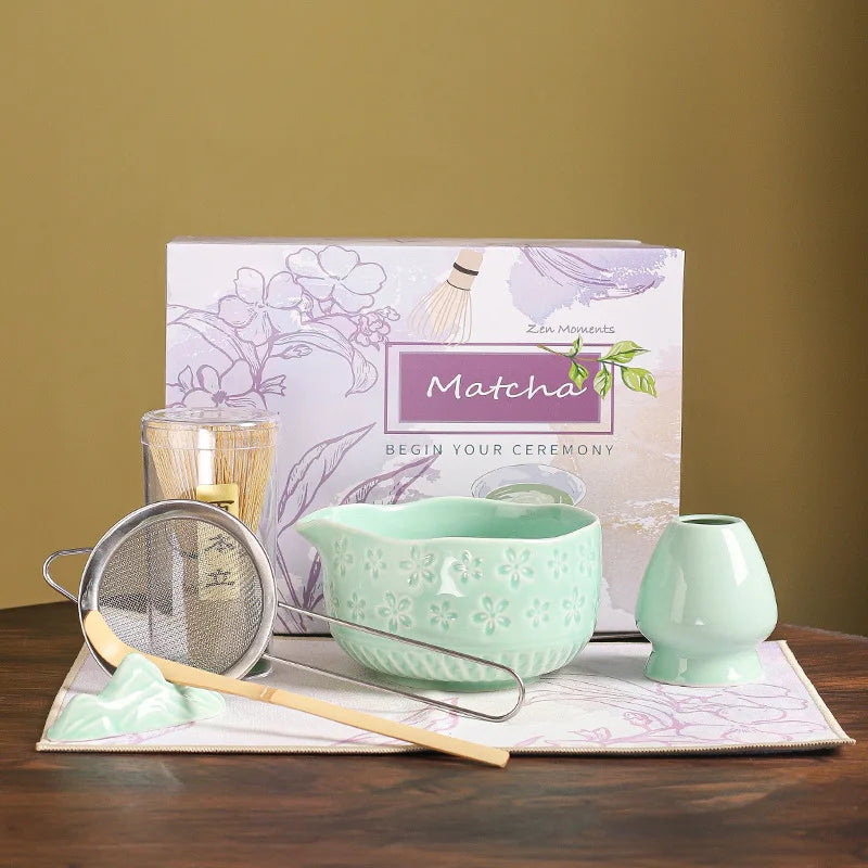 Matcha set – 7-piece starter kit – Embossed ceramic bowl – Luxury gift box for tea lovers 7