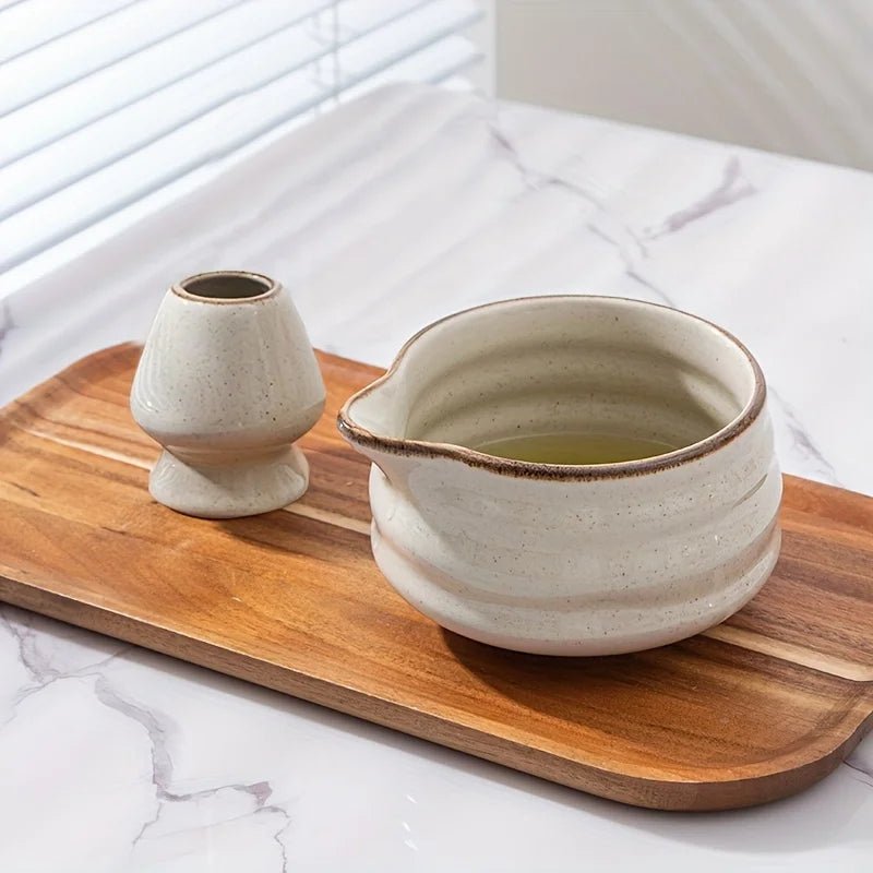 Matcha set – Kiln-transformed grey ceramic – Includes bowl with spout and blender stand – Perfect gift for tea lovers 0