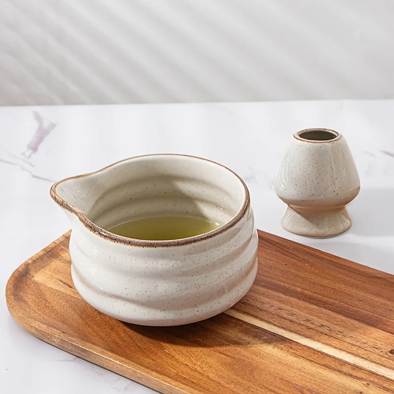 Matcha set – Kiln-transformed grey ceramic – Includes bowl with spout and blender stand – Perfect gift for tea lovers 4
