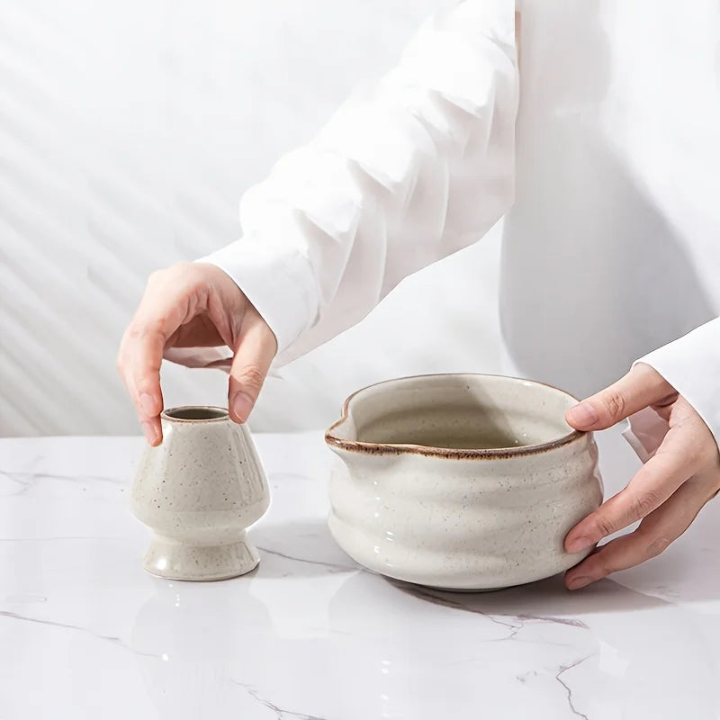 Matcha set – Kiln-transformed grey ceramic – Includes bowl with spout and blender stand – Perfect gift for tea lovers 5