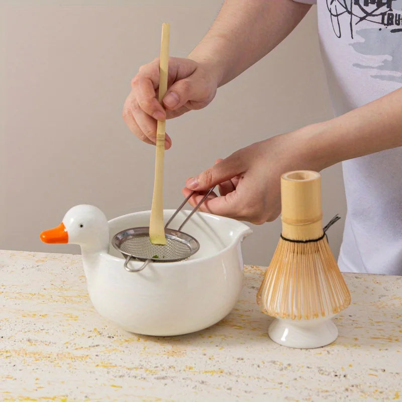 Matcha tea set – Ceramic – Cute duck design – 5-piece Japanese ritual gift set for tea lovers 0