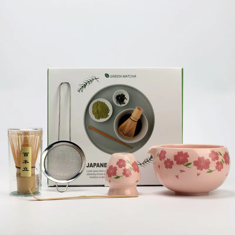 Matcha tea set – Pink ceramic bowl – Bamboo whisk – Beginner-friendly matcha preparation kit 1