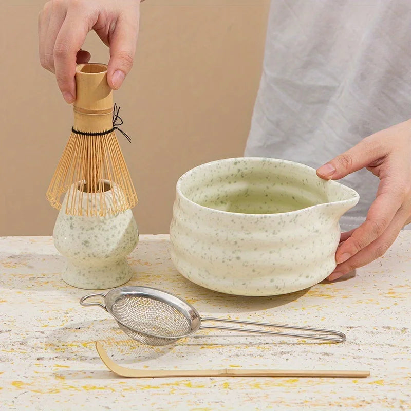 Matcha tea set – Spotted green ceramic – Complete 5-piece matcha set – Ideal gift for tea lovers 0