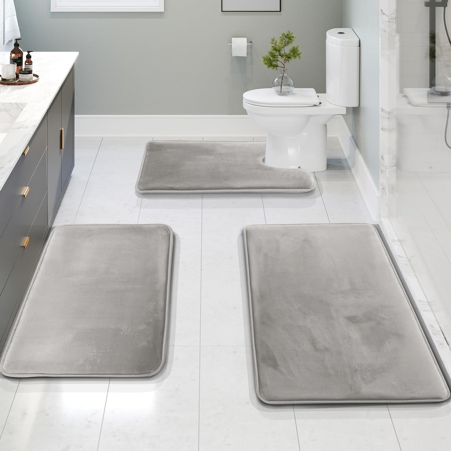 Memory foam bath mat set – Soft and absorbent – 3-piece for bathroom spa experience 0
