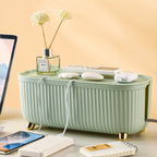 Sleek minimalist cable management storage box in matte black plastic, designed to neatly conceal cords and chargers, featuring a hinged lid and ventilation slots for easy 4