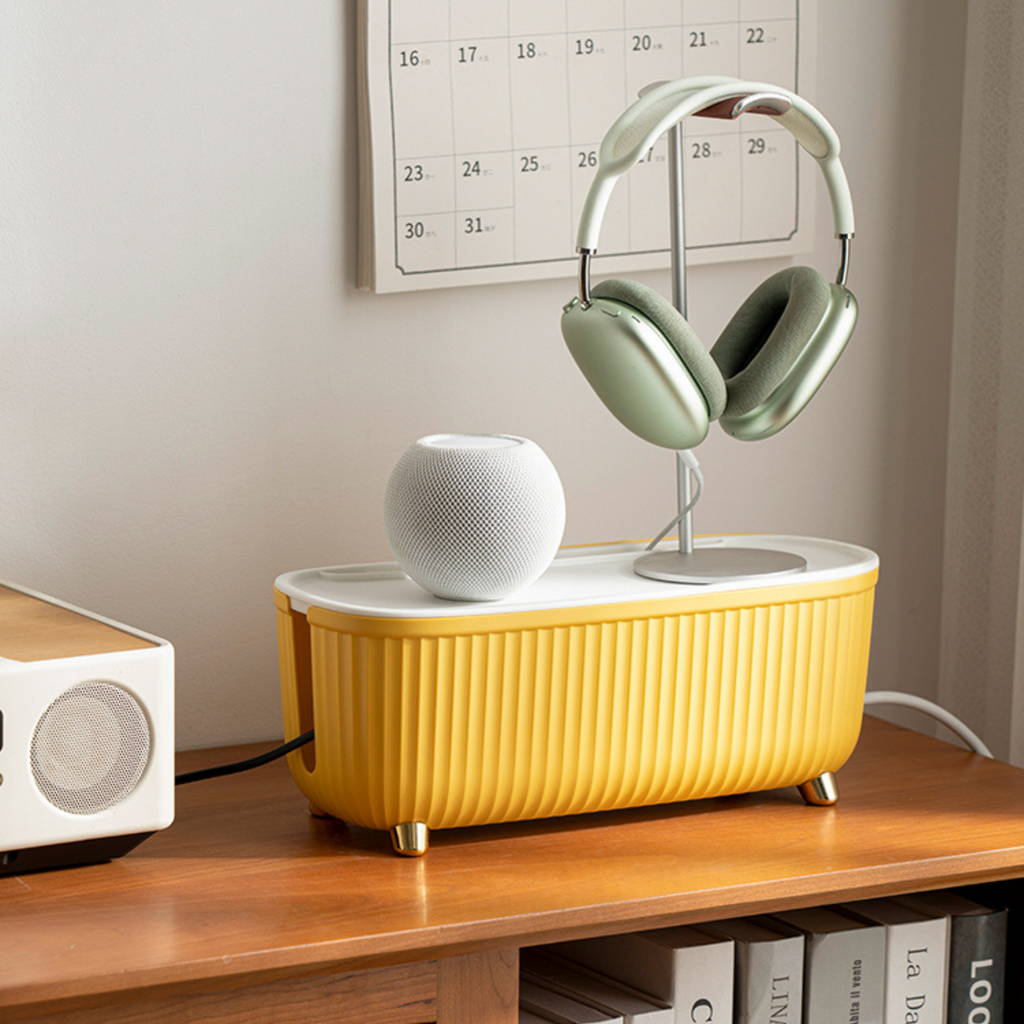 Sleek white plastic cable management storage box with a minimalist design, featuring a sliding lid and ample space for organizing cords and chargers, perfect for decl 6