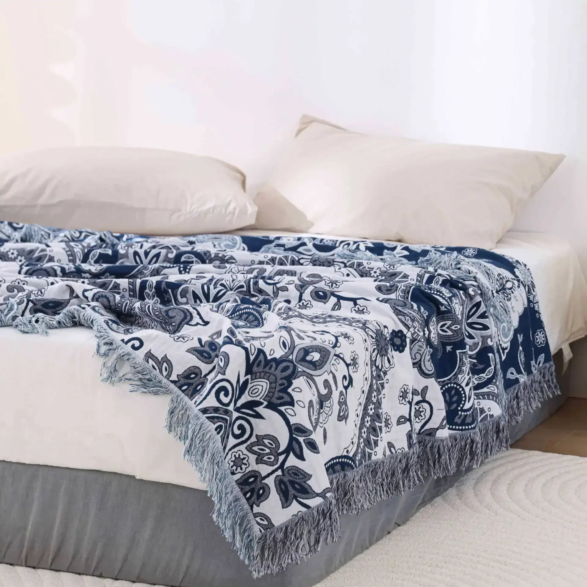 Multilayer Gauze Cotton Cooling Blanket with Tassels, 59x79 Inches, Lightweight Summer Throw for Sofa and Outdoor Use 0