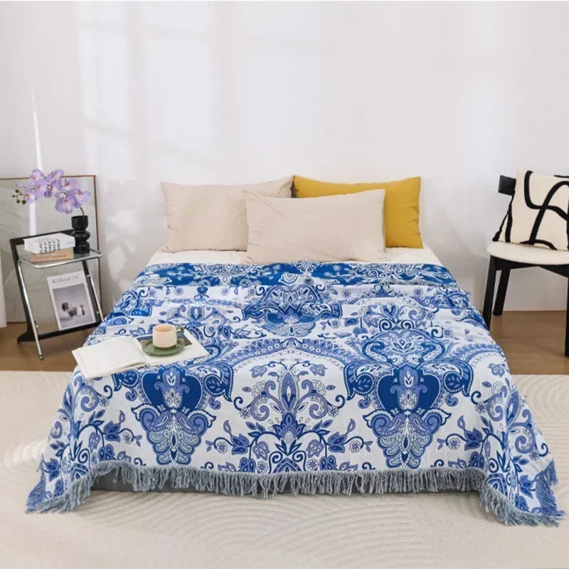 Multilayer Gauze Cotton Cooling Blanket with Tassels, 59x79 Inches, Lightweight Summer Throw for Sofa and Outdoor Use 1