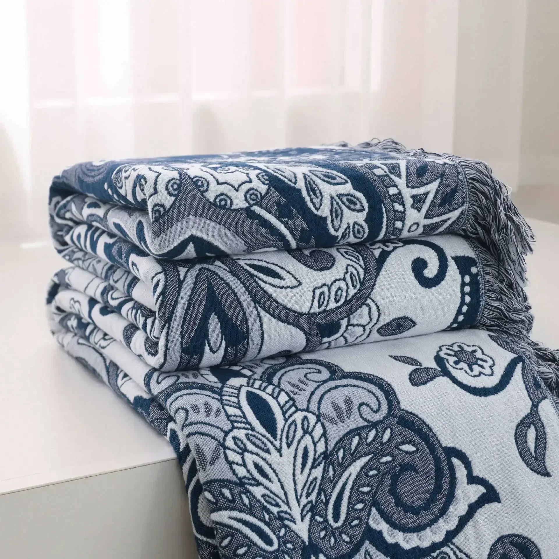 Multilayer Gauze Cotton Cooling Blanket with Tassels, 59x79 Inches, Lightweight Summer Throw for Sofa and Outdoor Use 5