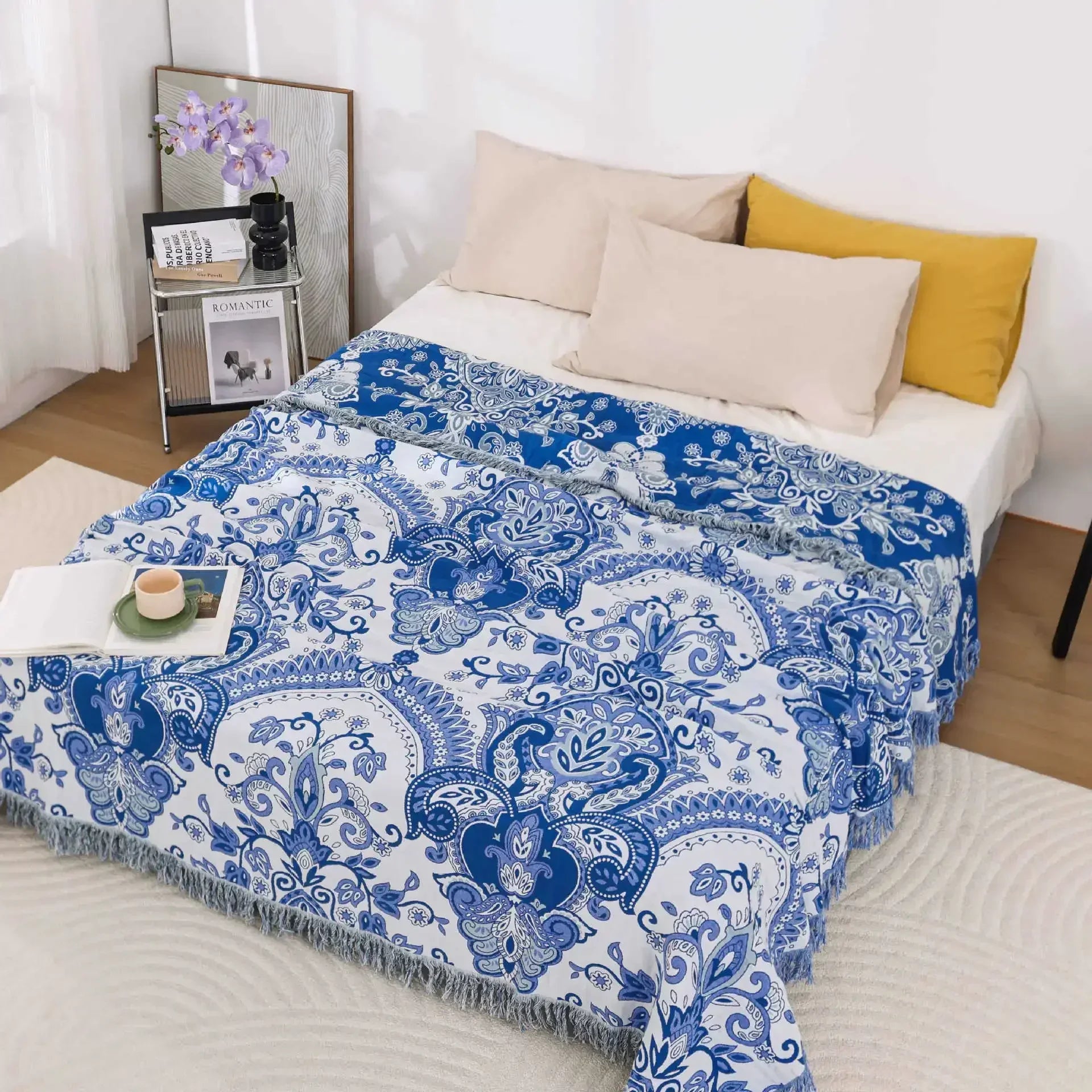 Multilayer Gauze Cotton Cooling Blanket with Tassels, 59x79 Inches, Lightweight Summer Throw for Sofa and Outdoor Use 7