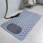 Non-slip shower bath mat featuring a built-in foot scrubber for enhanced safety. Made of durable, water-resistant material in a soft gray color, it 0
