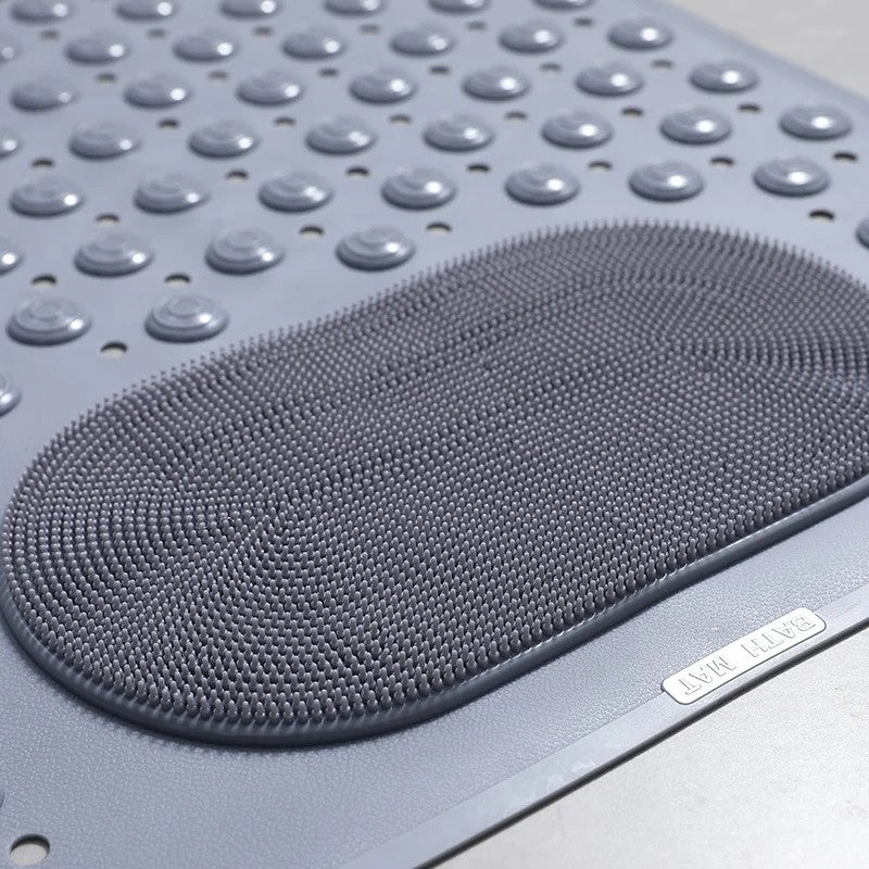 Non-slip shower bath mat in soft blue, featuring a built-in foot scrubber for enhanced safety and comfort. Made from quick-drying, durable materials 2