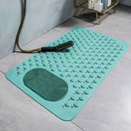 Non-slip shower bath mat in soft gray with built-in foot scrubber for safety. Made of durable, quick-drying material, it features a textured 5