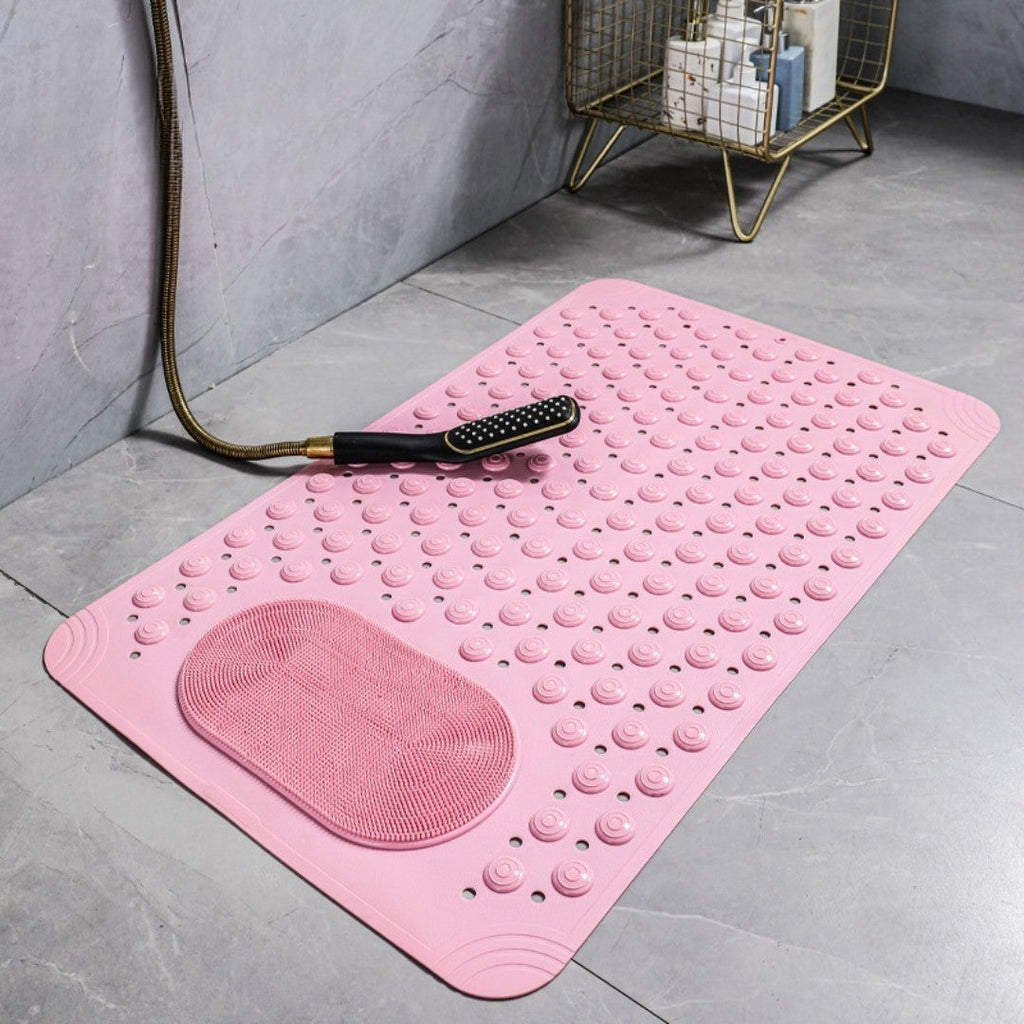 Non-slip shower bath mat featuring a built-in foot scrubber for enhanced safety. Made from durable, quick-drying material in a vibrant teal color, 6
