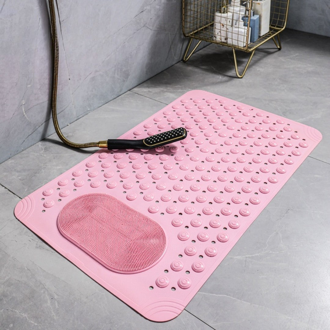 Non-slip shower bath mat featuring a built-in foot scrubber for enhanced safety. Made from durable, quick-drying material in a vibrant teal color, 6