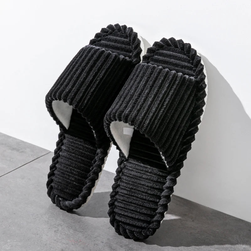 Cozy open slippers featuring a stylish striped design, crafted from breathable cotton material for comfort and ventilation. Ideal for indoor wear, these slippers come in a 3