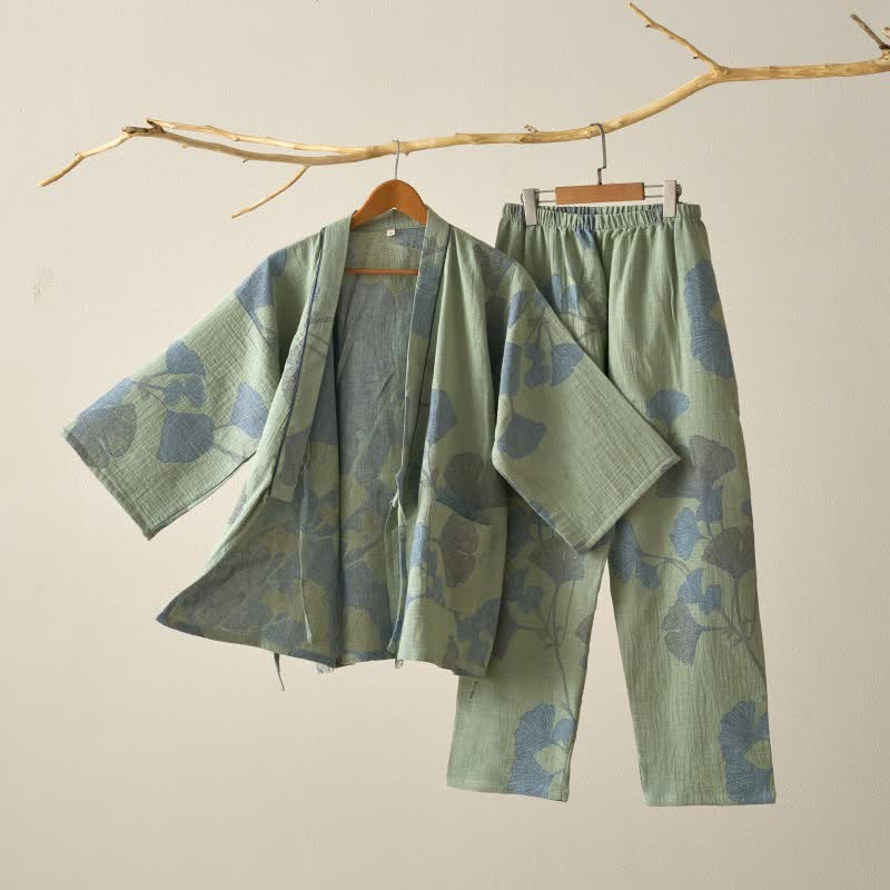 Organic Cotton Ginkgo Leaf Kimono Loungewear for Women – Soft Breathable Lounge Set for Relaxing and Sleep 0