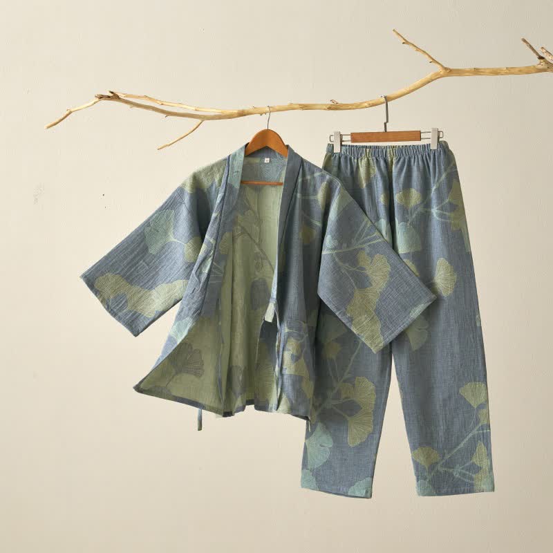 Organic Cotton Ginkgo Leaf Kimono Loungewear for Women – Soft Breathable Lounge Set for Relaxing and Sleep 1