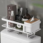 White wrought iron over-the-toilet storage shelf featuring a multi-layer design for optimal space efficiency. Ideal for organizing bathroom essentials, it combines elegance with functionality 1