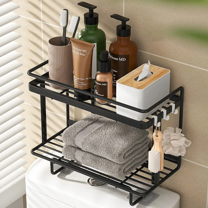 White wrought iron over-the-toilet storage shelf featuring a multi-layer design for optimal space efficiency. Ideal for organizing bathroom essentials, it combines elegance with functionality 10
