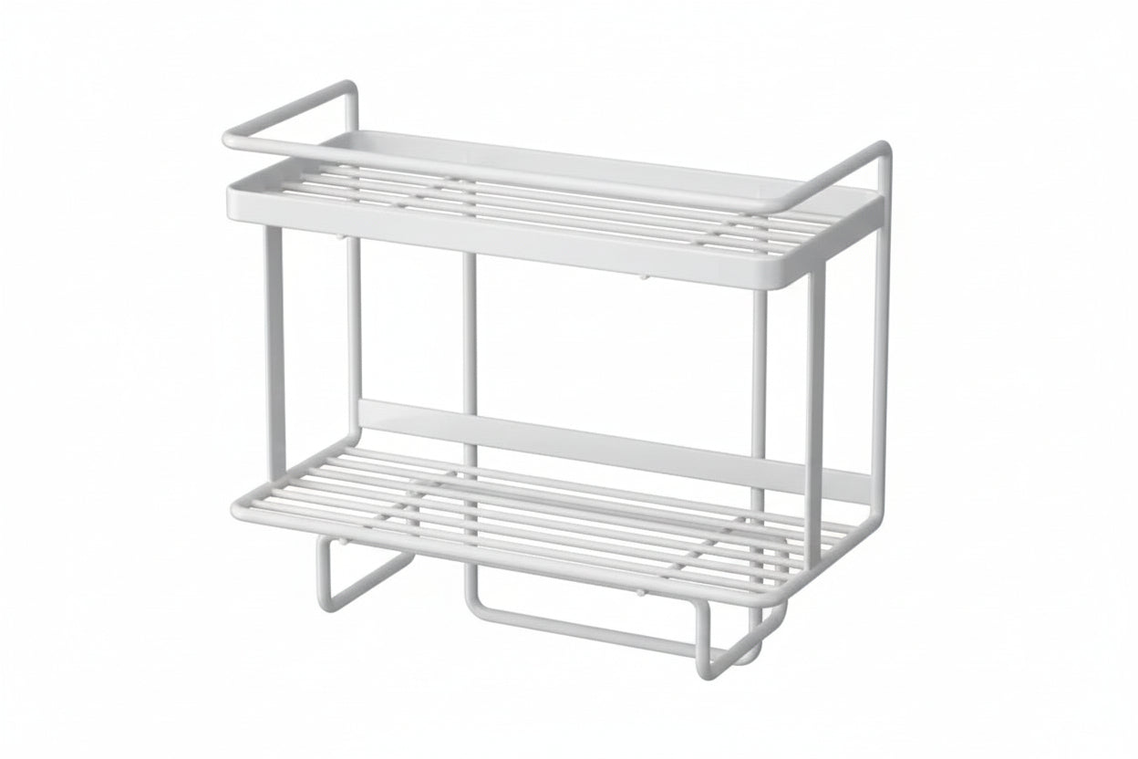 White wrought iron over-the-toilet storage shelf featuring a multi-layer design for optimal space efficiency. Ideal for organizing bathroom essentials, it combines elegance with functionality 2