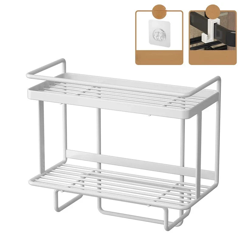 White wrought iron over-the-toilet storage shelf featuring a multi-layer design for optimal space efficiency. Ideal for organizing bathroom essentials, it combines elegance with functionality 4