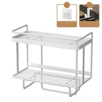White wrought iron over-the-toilet storage shelf featuring a multi-layer design for optimal space efficiency. Ideal for organizing bathroom essentials, it combines elegance with functionality 4